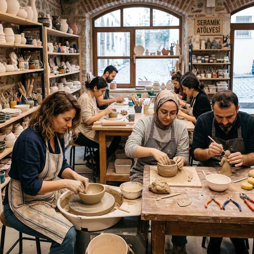 Seramik şekillendirme atölyesinde çömlek çarkında kil şekillendiren katılımcılar - Sen’Arte Seramik Atölyesi Adana